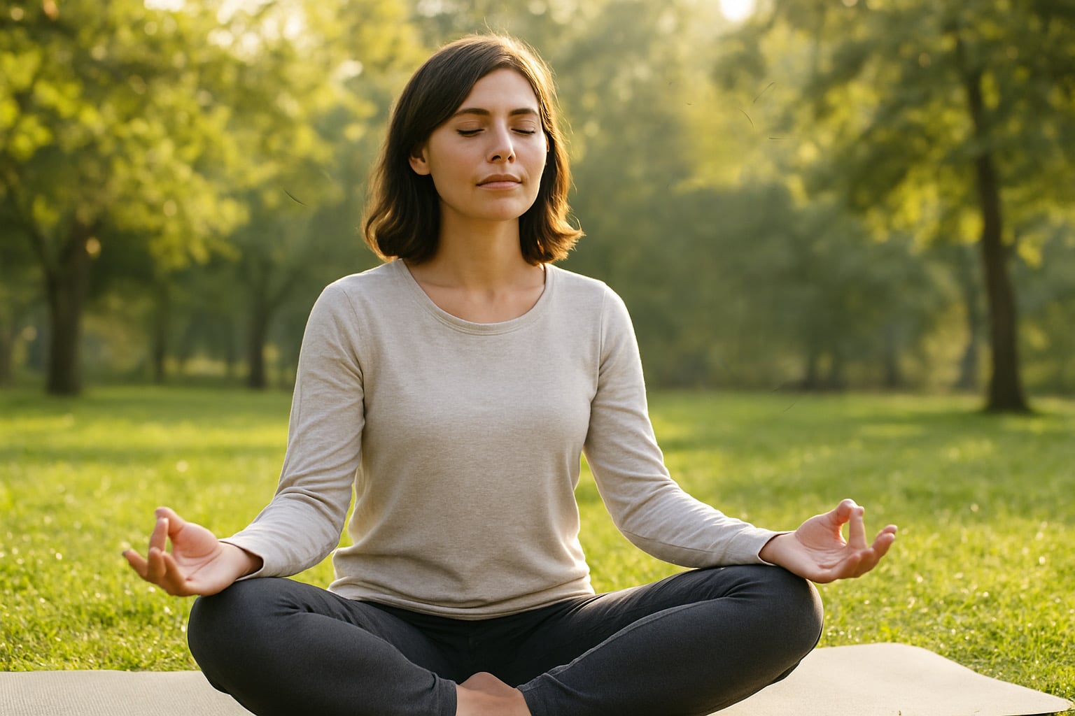 Junge Frau meditiert im Sitzen für innere Ruhe und Balance