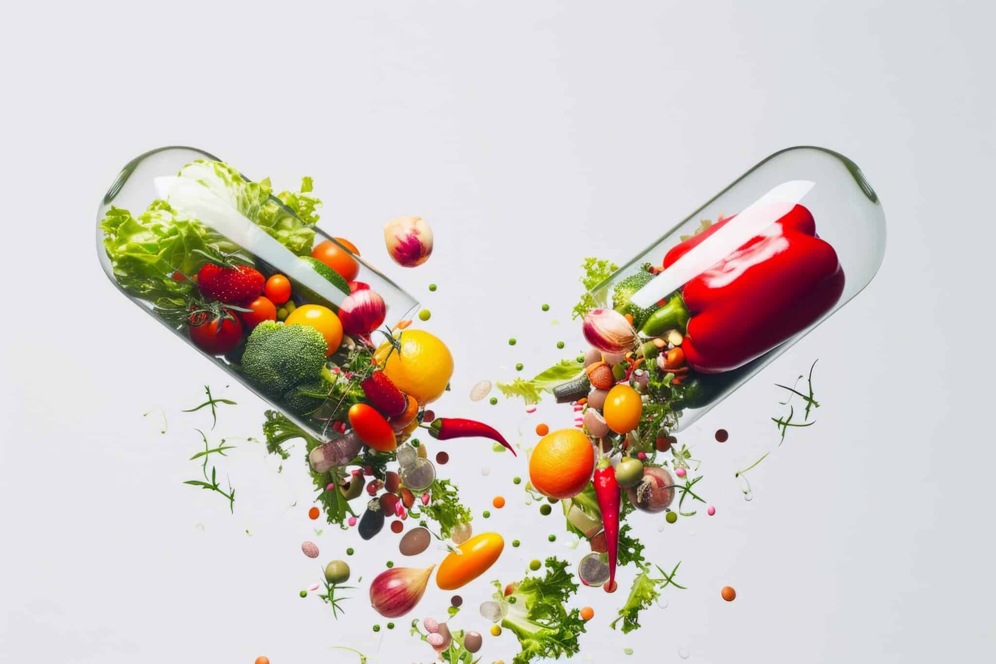 Frisches Gemüse und Obst werden aus zwei Gläsern zusammengegossen