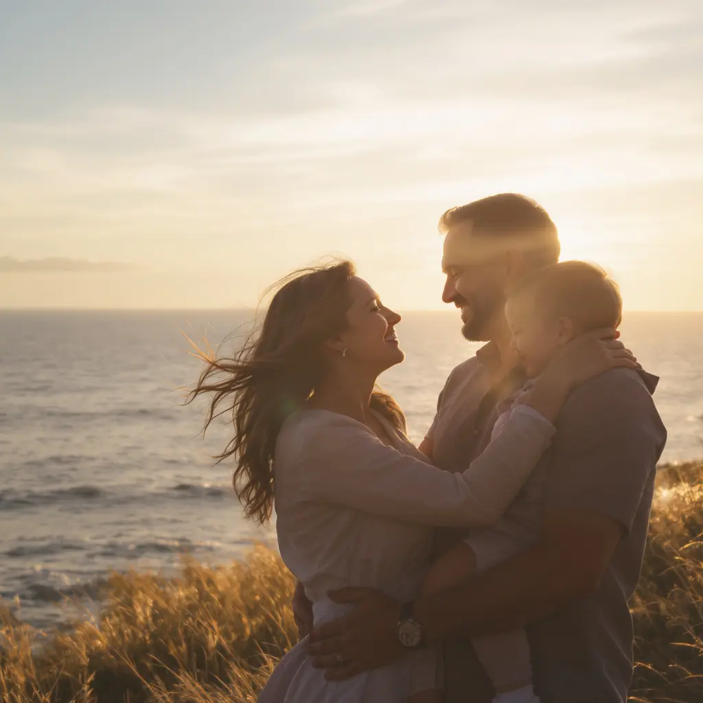 Glückliche Familie am Meer, die sich lächelnd ansieht