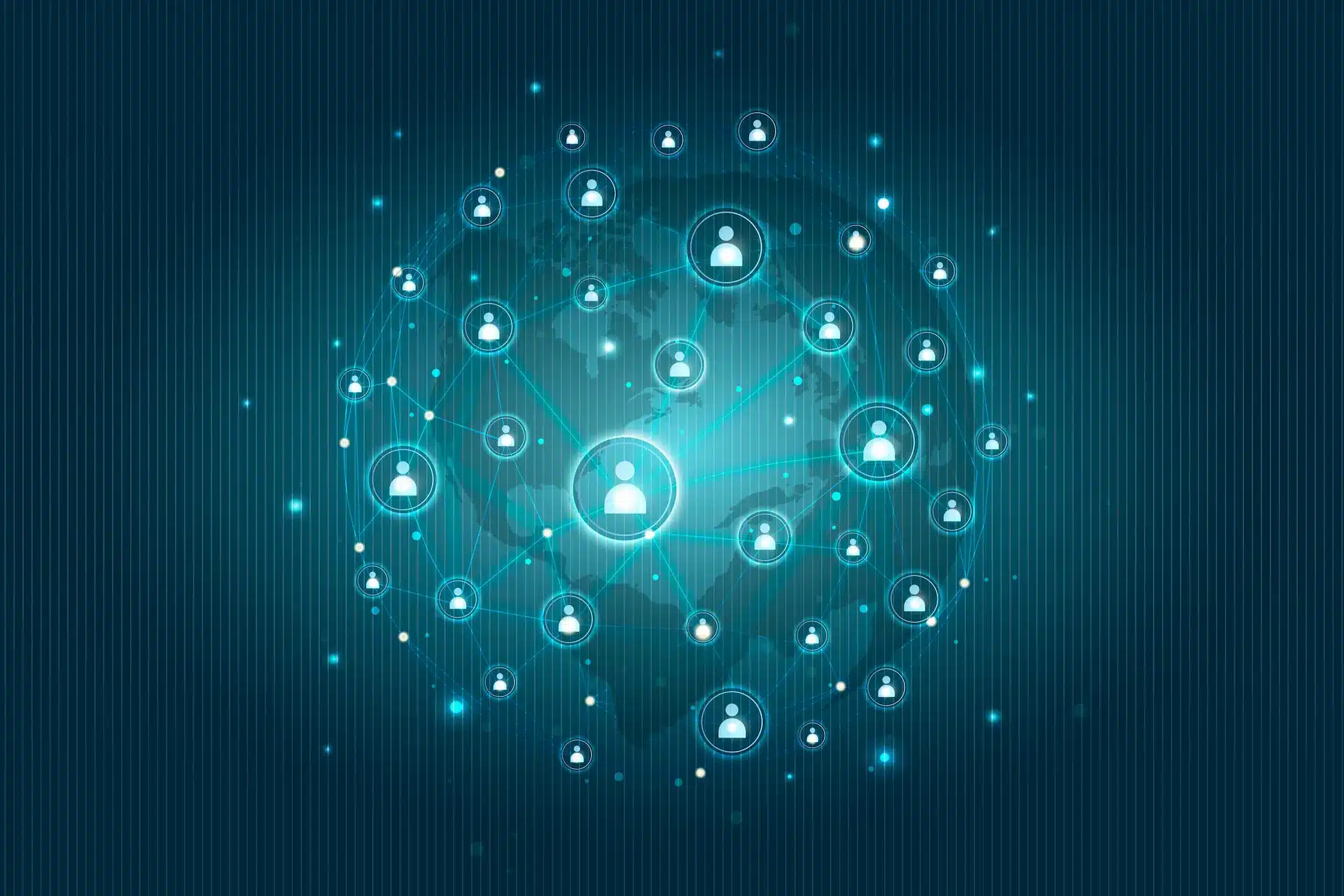 Weltkugel mit Menschen, die über Linien verbunden sind – Symbol für globales Network Marketing und internationale Zusammenarbeit.