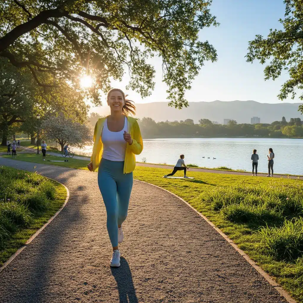 ine lächelnde Frau joggt energiegeladen in einem sonnigen Park am See, umgeben von Natur, symbolisiert Freude an Bewegung, Fitness und mehr Energie beim Abnehmen mit SoulVital.