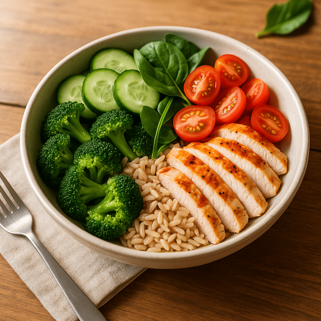 Eine appetitliche, ausgewogene Mahlzeit mit gegrilltem Hähnchen, Brokkoli, Gurken, Tomaten und Reis in einer Schüssel, symbolisiert gesunde Ernährung und nachhaltiges Abnehmen mit SoulVital.