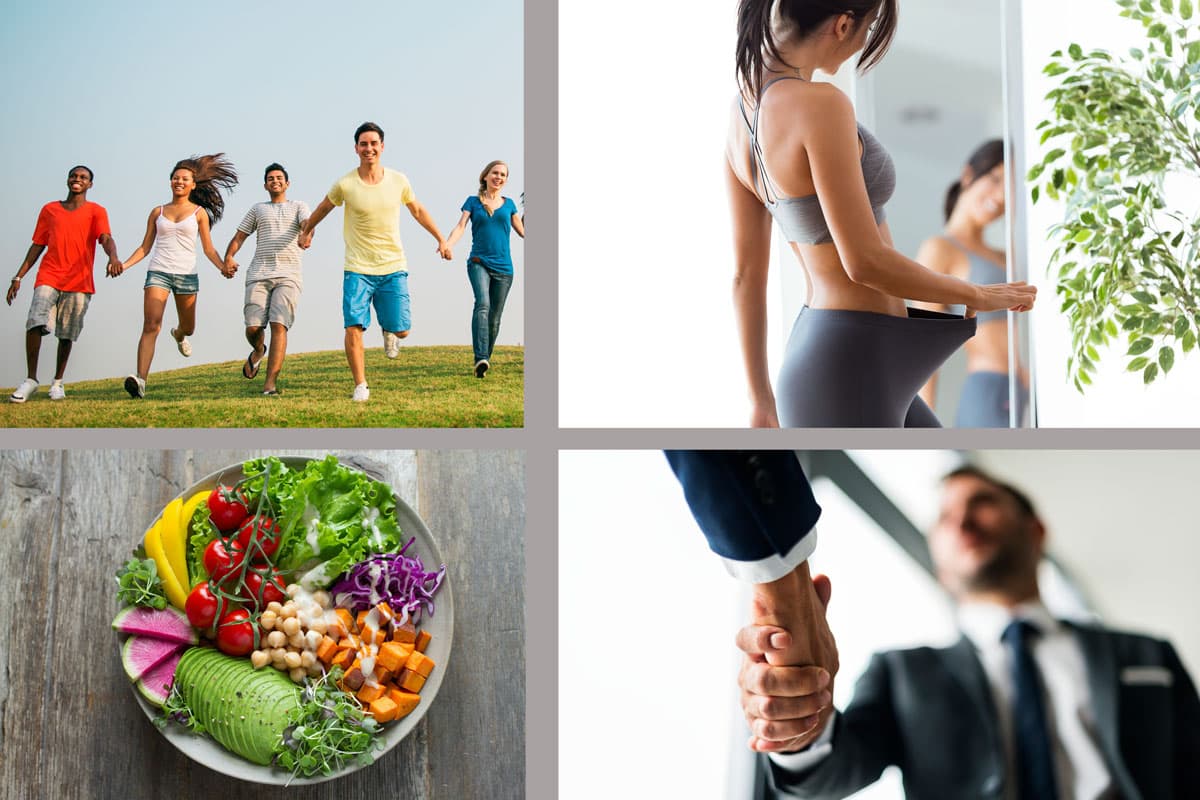 Bild mit Menschen beim Sport, mit ihrem Wunschgewicht, gesunderTeller voller Essen, Business mit Handschlag Qualität